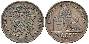 Бельгия 2 сантима 1902 Belges, Леопольд II (1865-1909) KM 35 бронза 4584-111