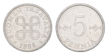 Финляндия 5 пенни 1986 KM 45a алюминий aUNC 4647-319