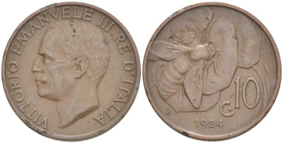 ИТАЛИЯ 10 ЧЕНТЕЗИМО 1924 R, МОНДВОР РИМ, ВИКТОР ЭММАНУИЛ III (1900-1946) KM 60 медь 4525-253