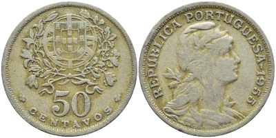 Португалия 50 сентаво 1955 KM 577 медно-никель 4395-833