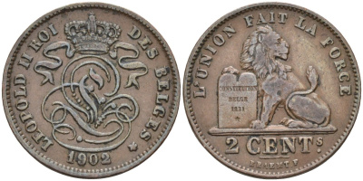 Бельгия 2 сантима 1902 Belges, Леопольд II (1865-1909) KM 35 бронза 4584-111
