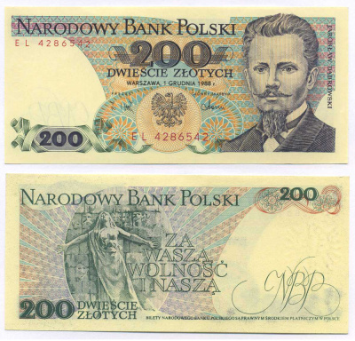 Польша 200 злотых 1988 Ярослав Домбровский, памятник погибшим во время Парижской коммуны Pick 144 c бумага UNC (пресс) 8595-17-3-2