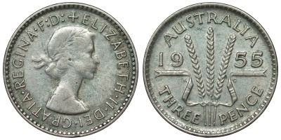 Австралия 3 пенса 1955 m, Елизавета II (1952-2022) KM 57 серебро 71-434
