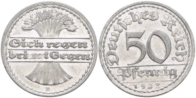 ГЕРМАНИЯ 50 ПФЕННИГОВ 1922 D KM 27, J. 301, Weege 10 алюминий 261-814