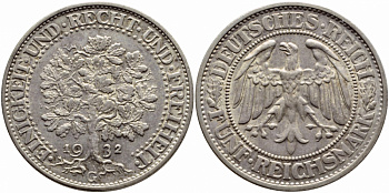 Германия 5 марок 1932 G, Дуб. Единство, справедливость, свобода, цена по каталогу МТ 600 евро J. 331, KM 56 серебро UNC 00-804-12