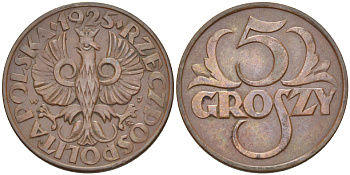ПОЛЬША 5 ГРОШЕЙ 1925 w KM 10а, Parchimowicz 103b бронза 216-936