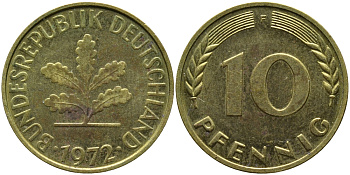 ФРГ 10 ПФЕННИГОВ 1972 F KM 108, J.383 сталь плакированная латунью 98-443