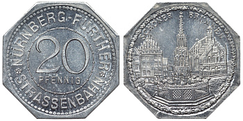 Германия, Нюрнберг - Фюрт 20 пфеннигов ND трамвайный жетон, Прекрасный фонтан на ратушной площади алюминий UNC 4119-656