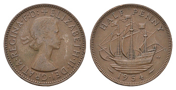 Великобритания 1/2 пенни 1954 Елизавета II (1952-2022) KM 896, Spink 4158 бронза 4662-1132