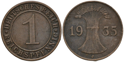 Германия 1 рейхспфенниг 1935 J KM 37, J. 313, Weege 2 бронза 4516-615