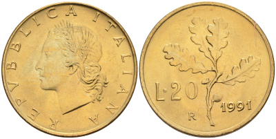 Италия 20 лир 1991 R, дубовый лист KM 97.2 алюминиевая бронза  UNC  4594-826