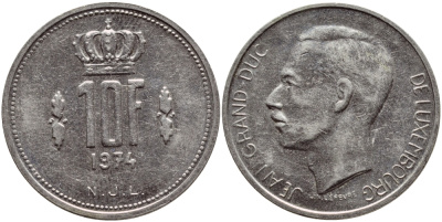 ЛЮКСЕМБУРГ 10 ФРАНКОВ 1974 KM 57 никель 4398-841
