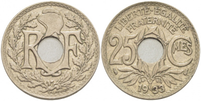 Франция 25 сантимов 1933 тип Линдауэр KM 867a, Le Franc 171 медно-никель 4402-841