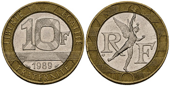 Франция 10 франков 1989 тип гений Бастилии KM 964.1, Le Franc 375.3 биметалл 4138-321