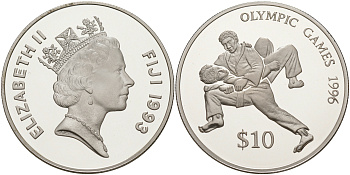 Фиджи 10 долларов 1993 Олимпийские игры 1996 года в Атланте, борьба KM 67 серебро PROOF 1074-3-62