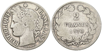 Франция 2 франка 1870 K KM 816.2 серебро 4044-432