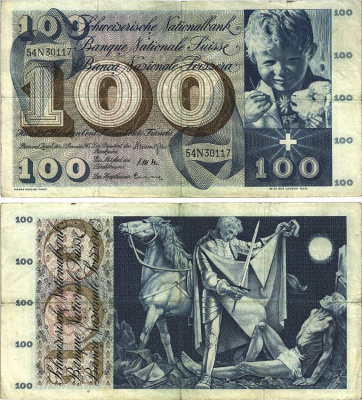 Швейцария 100 франков 1965 23 декабря 1965, серия 54 N. подпись 41 Pick 49 h бумага 8606-24-2-1