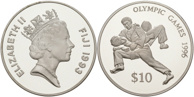 Фиджи 10 долларов 1993 Олимпийские игры 1996 года в Атланте, борьба KM 67 серебро PROOF 1074-3-62