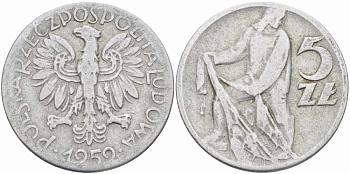 Польша 5 злотых 1959 MW, рыбак KM 47 алюминий 109-625