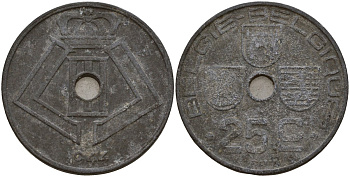 Бельгия 25 сантимов 1944 Belgie - Belgique, Леопольд III (1934-1947), германская оккупация, Вторая мировая война KM 132 цинк 4157-615
