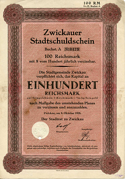 Германия 100 рейхсмарок 1928 Город Цвиккау долговая расписка 8%, облигация   бумага   8802-30-1