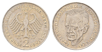 ФРГ 2 марки 1987 F, Курт Шумахер, 30 лет Федеративной Республике KM 149, J. 424 медно-никель плакированный никелем 183-213