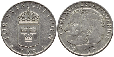 Швеция 1 крона 1997 Карл XVI Густав (1973- ) KM 852a медно-никель 4381-535