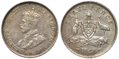 Австралия 3 пенса 1934 m, Георг V (1910-1936), герб Австралии KM 24 серебро 71-128