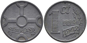 НИДЕРЛАНДЫ 1 ЦЕНТ 1942 ВИЛЬГЕЛЬМИНА (1890-1948) KM 170 цинк 206-1135