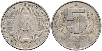 ГДР 5 пфеннигов 1968 A KM 9.1 алюминий 211-916