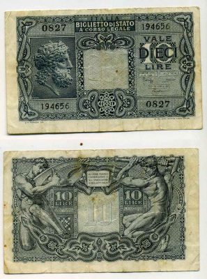 Италия 10 лир 1944 BoLaffi, CavalLaro Pick 32c, Grapanzano BS 49 бумага 8588-8-3-2