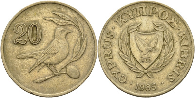 Кипр 20 центов 1985 KM 57.2 никель латунь 4140-734