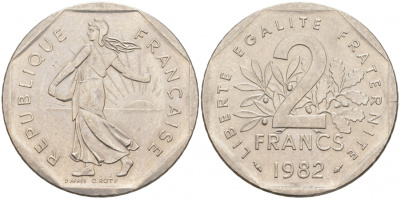 ФРАНЦИЯ 2 ФРАНКА 1982 СЕЯТЕЛЬ KM 942.1, LE FRANC 272.6 никель 3855-714