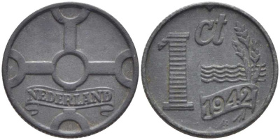 НИДЕРЛАНДЫ 1 ЦЕНТ 1942 ВИЛЬГЕЛЬМИНА (1890-1948) KM 170 цинк 206-1135