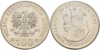 ПОЛЬША 100 ЗЛОТЫХ 1988 MW, 70 ЛЕТ ВЕЛИКОПОЛЬСКОГО ВОССТАНИЯ KM 182 медно-никель UNC 3996-121