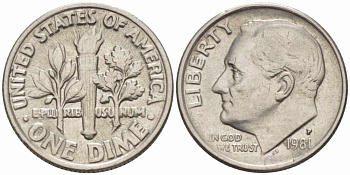 США 10 ЦЕНТОВ = 1 ДАЙМ 1981 P, РУЗВЕЛЬТ KM 195а медь плакированная медно-никелем 105-659