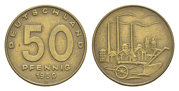 ГДР 50 пфеннигов 1950 А, фабрика KM 4 алюминиевая бронза 4647-818