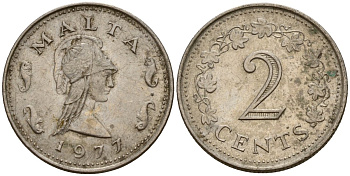 Мальта 2 цента 1977 Пентесилея, царица амазонок KM 9 медь цинк 4154-669