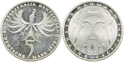 ФРГ 5 марок 1978 F, 225 лет со дня смерти Бальтазара Неймана KM 148, J.423 серебро UNC 4394-115