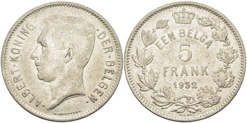 БЕЛЬГИЯ 5 ФРАНКОВ 1932 АЛЬБЕРТ I, DER BELGEN KM 98 никель 3851-423