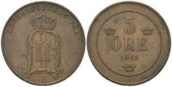 Швеция 5 эре 1905 Оскар II (1872-1907) KM 757 бронза 4171-756