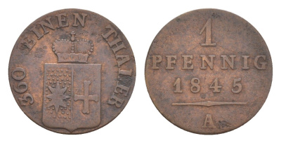Вальдек 1 пфенниг 1845 A, Георг II (1813-1845) KM 152 медь 1526-1041