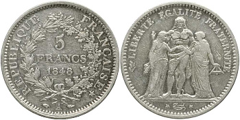 Франция 5 франков 1848 А, богини Равенства и Братства, Геркулес KM 756.1, Le Franc 326.1 серебро    633-1131