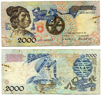 ПОРТУГАЛИЯ 2000 ЭСКУДО 1991 29 АВГУСТА 1991, БАРТОЛОМЕУ ДИАШ Pick 186b бумага VF 7203-63-2