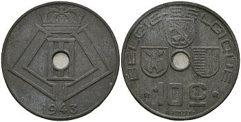 Бельгия 10 сантимов 1943 BELGI? - BELGIQUE, Германская оккупация, вторая мировая война KM 126 цинк 4132-231