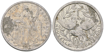 Французская Новая Каледония 1 франк 2014 птица кагу, (IEOM) KM 10, Schoen 10 алюминий 31-1147