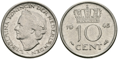 Нидерланды 10 центов 1948 Вильгельмина (1895-1948) KM 177 никель 96-532