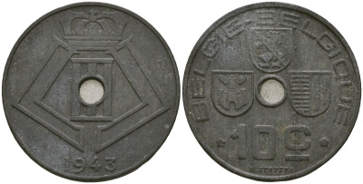 Бельгия 10 сантимов 1943 BELGI? - BELGIQUE, Германская оккупация, вторая мировая война KM 126 цинк 4132-231