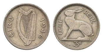 Ирландия 3 пенса 1946 заяц KM 12a медно-никель 46-2538