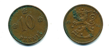 Финляндия 10 пенни 1924 республика (1918-1962) KM 24 медь 46-1111